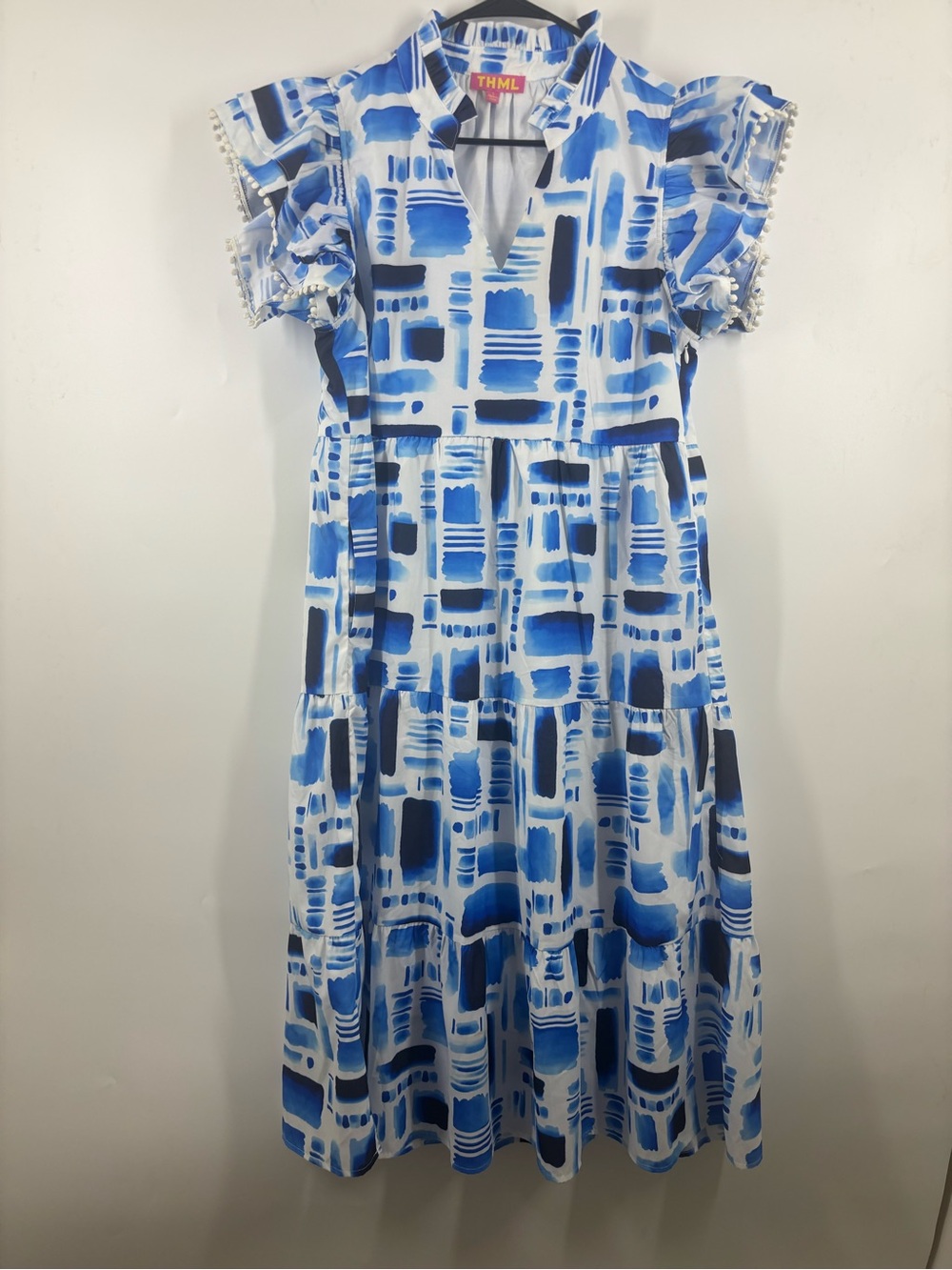 THML V-Neck Abstract Watercolor Tiered Nap Dress Blue White L